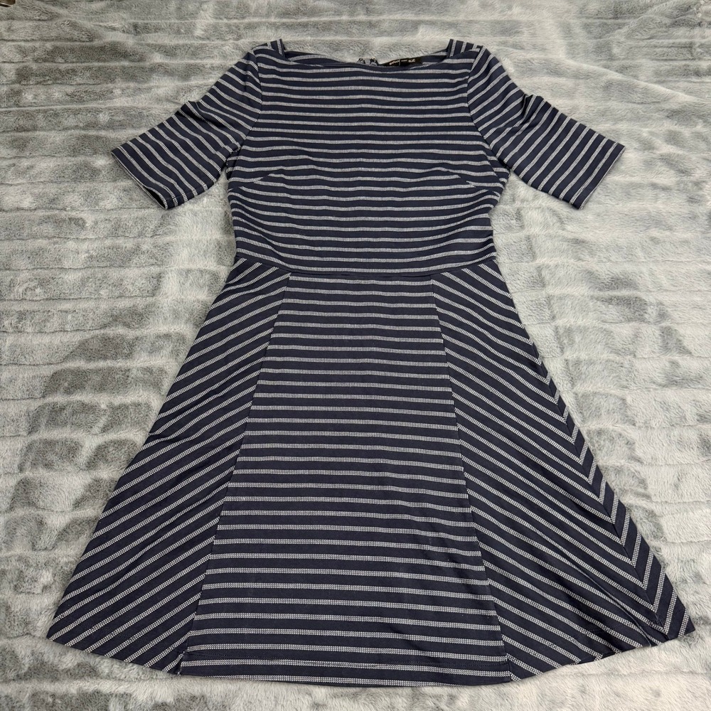 Banana Republic Navy Blue White Striped Fit Flare Dress Short Sleeve Boat Neck 6